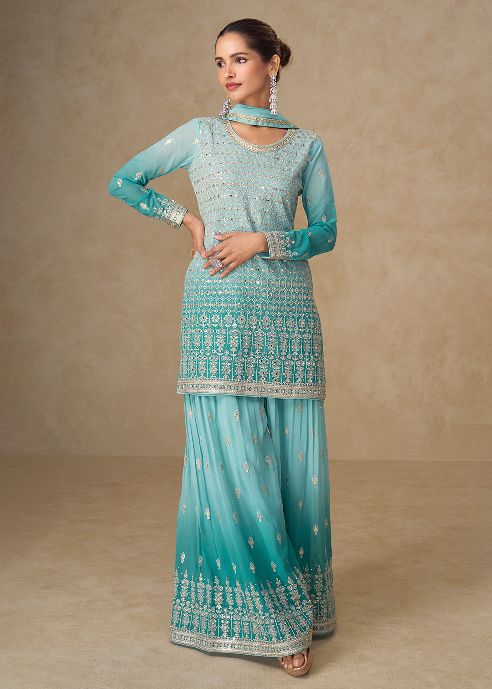Buy Now Ombre Aqua Mirror Handwork Georgette Palazzo Suit Online in New York, Las Vegas, Newark, Chicago, Houston, Fremont, Dubai & Worldwide at Empress.