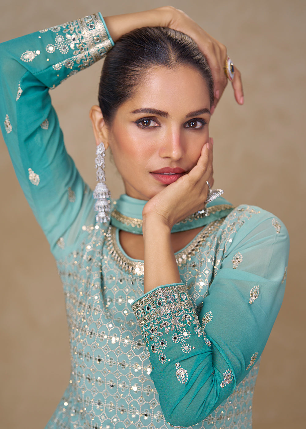 Buy Now Ombre Aqua Mirror Handwork Georgette Palazzo Suit Online in New York, Las Vegas, Newark, Chicago, Houston, Fremont, Dubai & Worldwide at Empress.