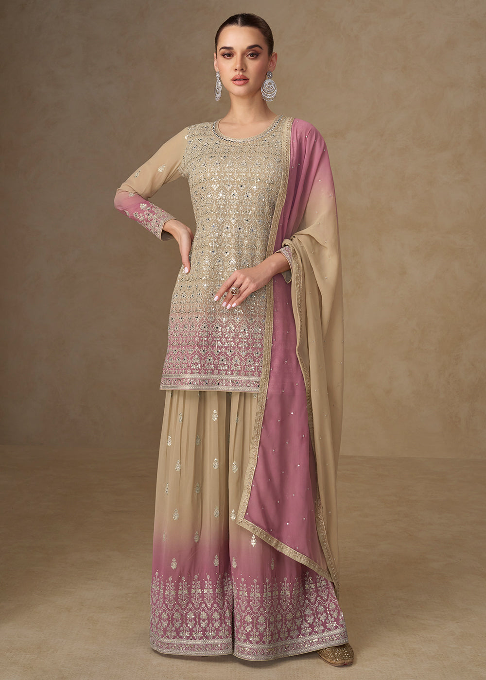 Buy Now Beige & Pink Mirror Handwork Georgette Palazzo Suit Online in New York, Las Vegas, Newark, Chicago, Houston, Fremont, Dubai & Worldwide at Empress.