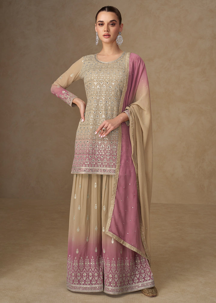Buy Now Beige & Pink Mirror Handwork Georgette Palazzo Suit Online in New York, Las Vegas, Newark, Chicago, Houston, Fremont, Dubai & Worldwide at Empress.