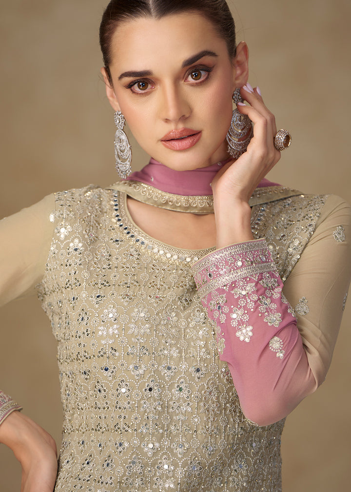 Buy Now Beige & Pink Mirror Handwork Georgette Palazzo Suit Online in New York, Las Vegas, Newark, Chicago, Houston, Fremont, Dubai & Worldwide at Empress.