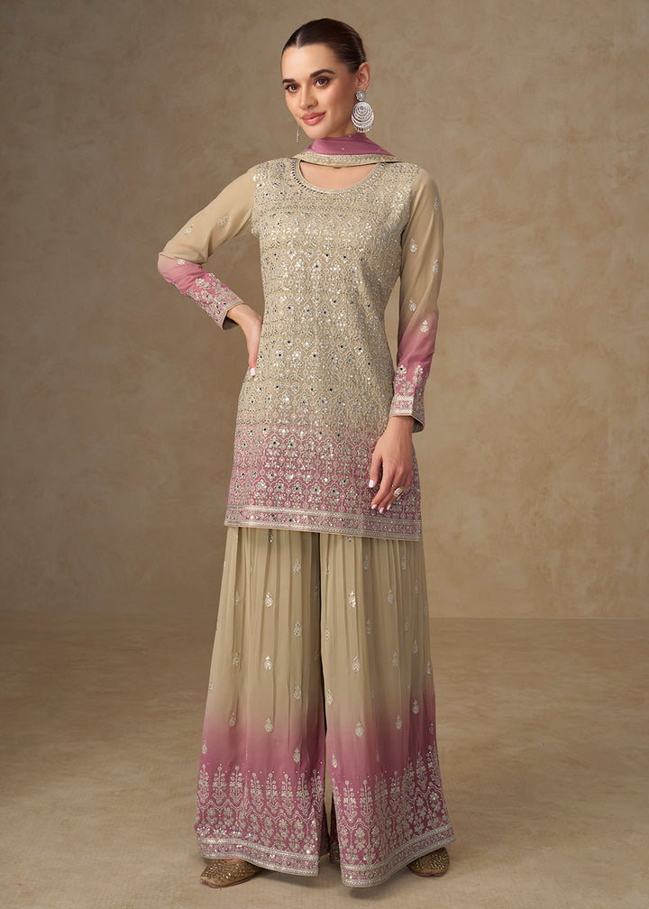 Buy Now Beige & Pink Mirror Handwork Georgette Palazzo Suit Online in New York, Las Vegas, Newark, Chicago, Houston, Fremont, Dubai & Worldwide at Empress.