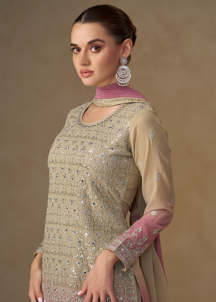 Buy Now Beige & Pink Mirror Handwork Georgette Palazzo Suit Online in New York, Las Vegas, Newark, Chicago, Houston, Fremont, Dubai & Worldwide at Empress.