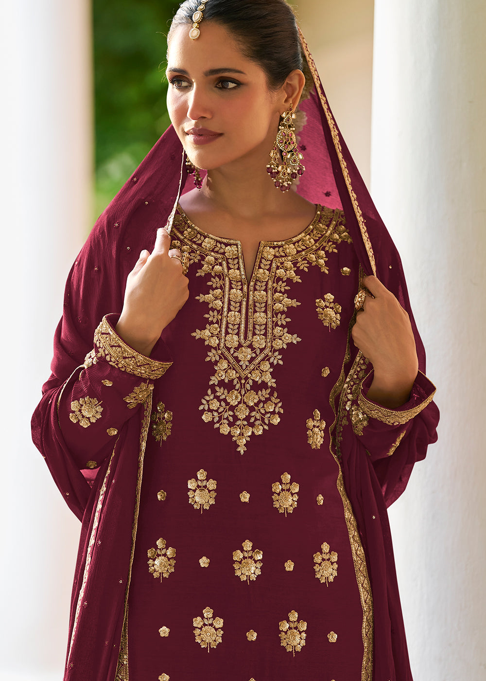 Buy Now Maroon Chinnon Silk Sequins Work Ethnic Palazzo Suit Online in Toronto, Newark, Katy, Houston, Fremont, Nevada, Boston, Seattle & Worldwide at Empress.