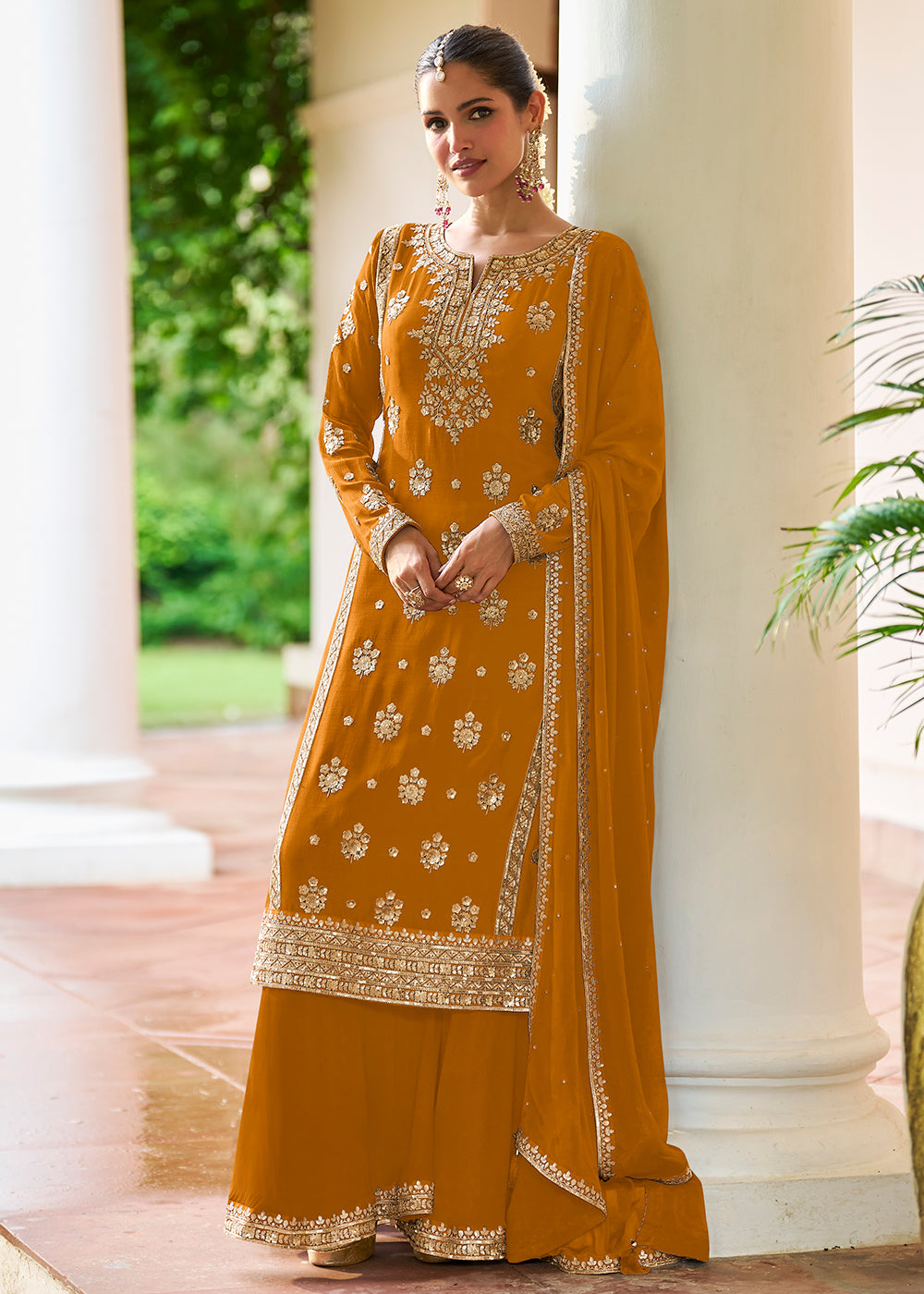 Buy Now Mustard Chinnon Silk Sequins Work Ethnic Palazzo Suit Online in Toronto, Newark, Katy, Houston, Fremont, Nevada, Boston, Seattle & Worldwide at Empress.