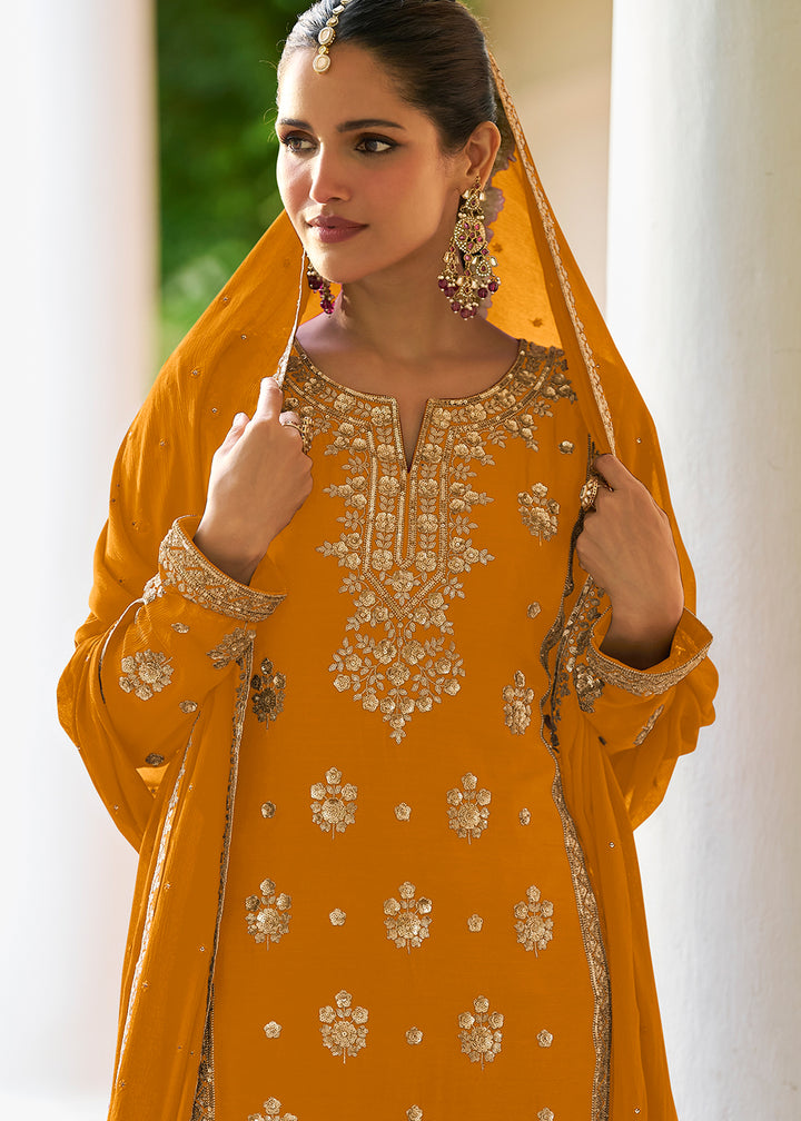 Buy Now Mustard Chinnon Silk Sequins Work Ethnic Palazzo Suit Online in Toronto, Newark, Katy, Houston, Fremont, Nevada, Boston, Seattle & Worldwide at Empress.