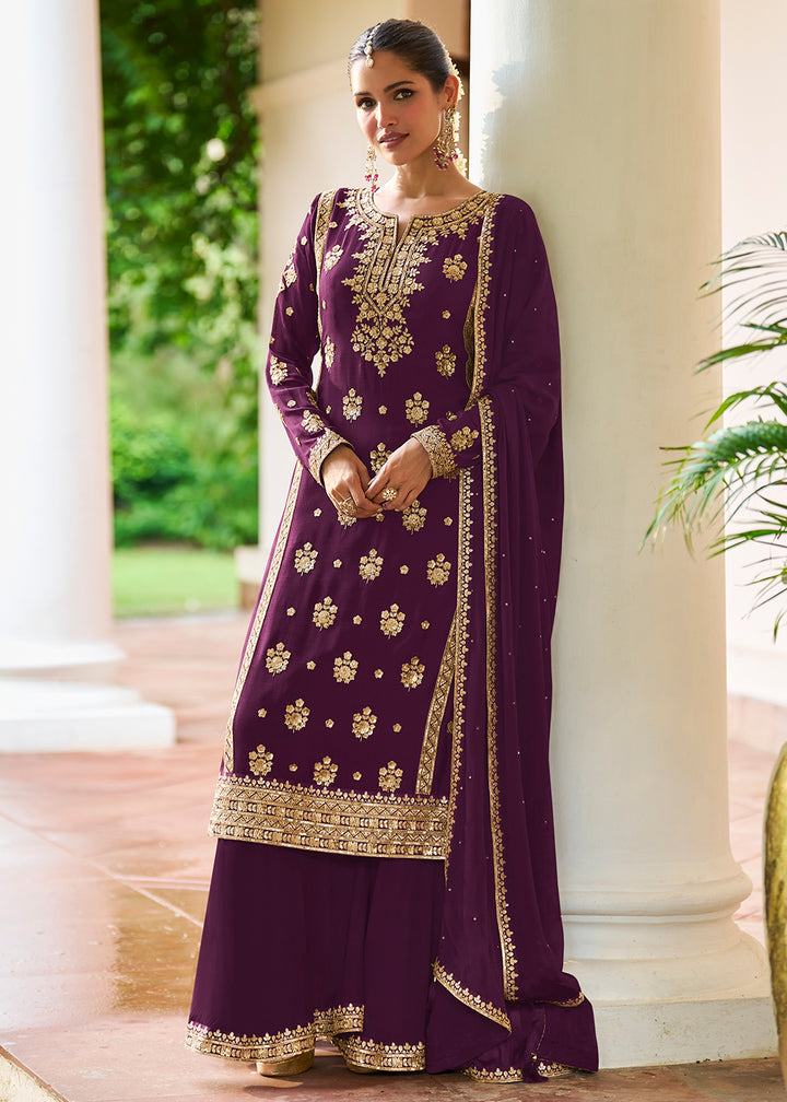 Buy Now Purple Chinnon Silk Sequins Work Ethnic Palazzo Suit Online in Toronto, Newark, Katy, Houston, Fremont, Nevada, Boston, Seattle & Worldwide at Empress.