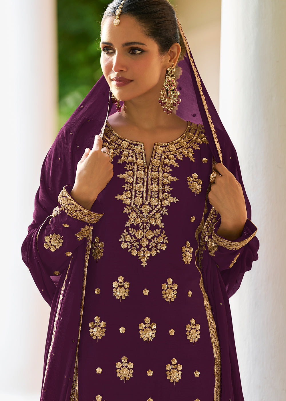 Buy Now Purple Chinnon Silk Sequins Work Ethnic Palazzo Suit Online in Toronto, Newark, Katy, Houston, Fremont, Nevada, Boston, Seattle & Worldwide at Empress.