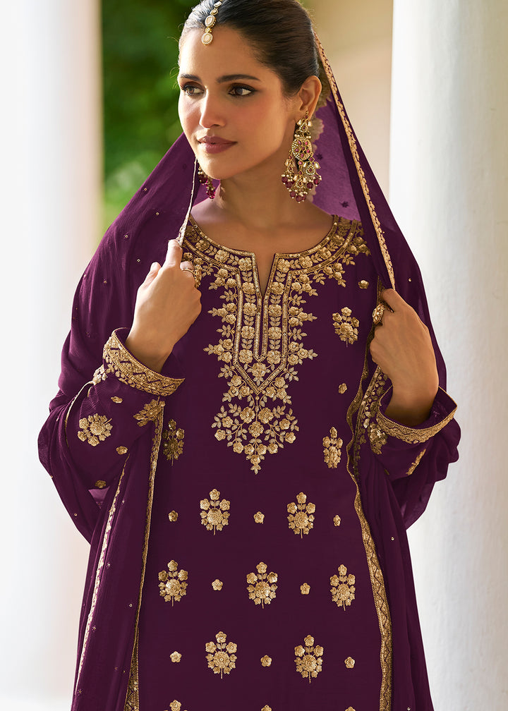 Buy Now Purple Chinnon Silk Sequins Work Ethnic Palazzo Suit Online in Toronto, Newark, Katy, Houston, Fremont, Nevada, Boston, Seattle & Worldwide at Empress.