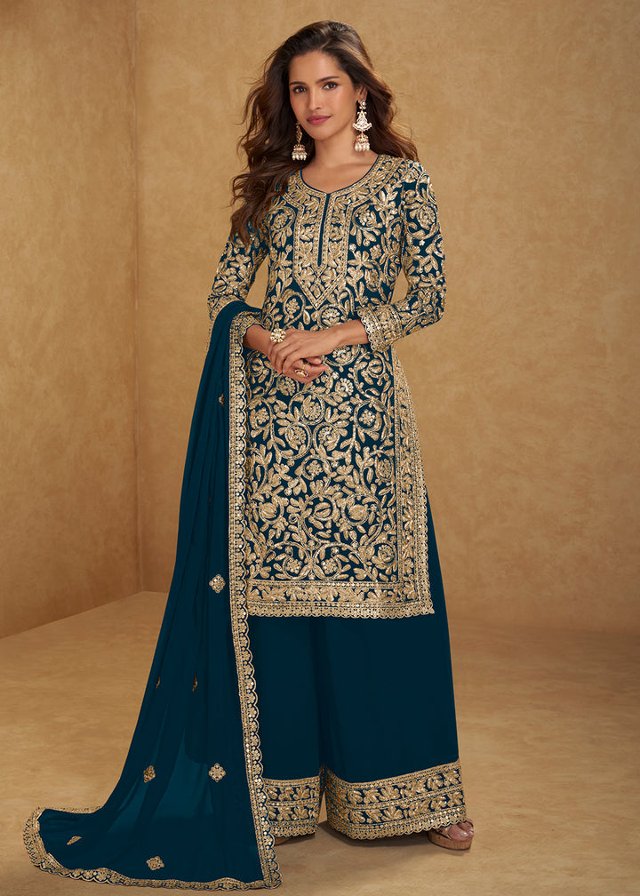 Buy Now Amazing Teal Embroidered Georgette Palazzo Style Suit Online in US, UK, Canada, Netherlands, Germany, Italy, France, Sweden, UAE & Worldwide at Empress.