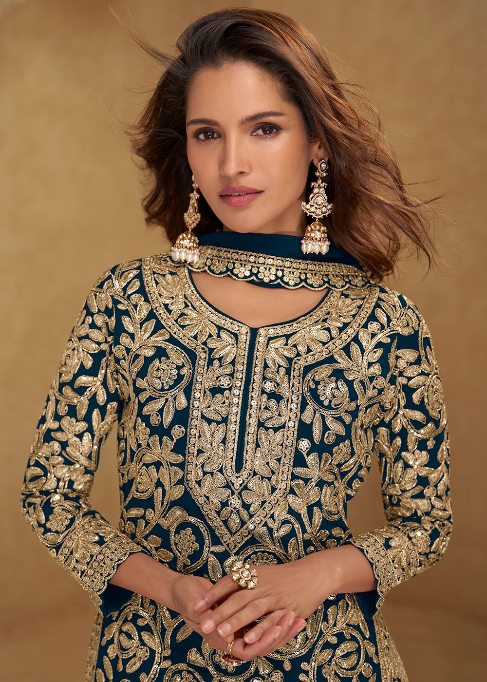 Buy Now Amazing Teal Embroidered Georgette Palazzo Style Suit Online in US, UK, Canada, Netherlands, Germany, Italy, France, Sweden, UAE & Worldwide at Empress.