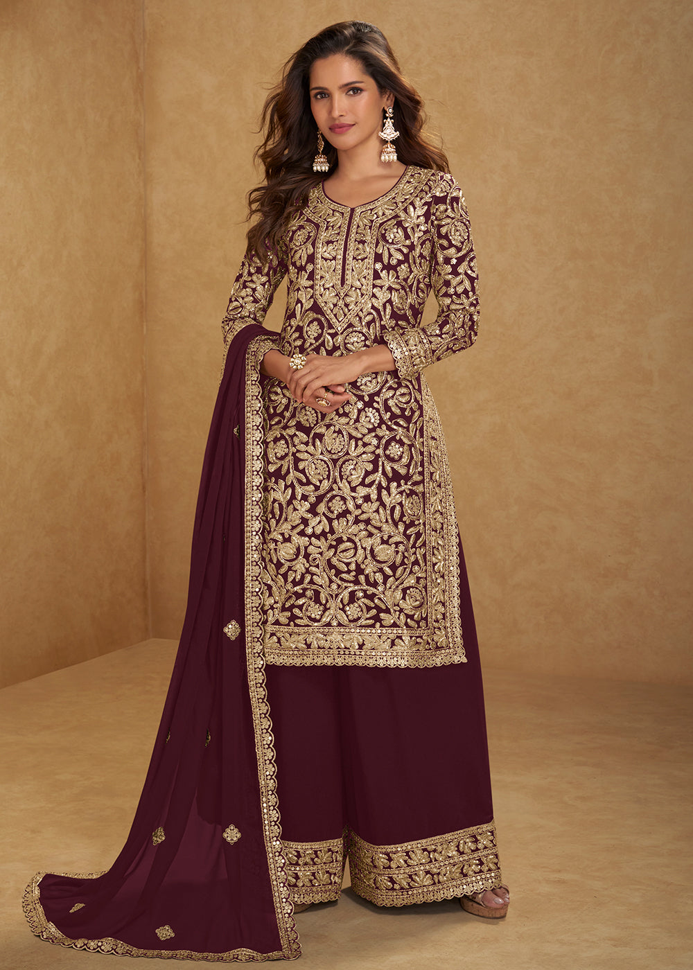 Buy Now Amazing Maroon Embroidered Georgette Palazzo Style Suit Online in US, UK, Canada, Netherlands, Germany, Italy, France, Sweden, UAE & Worldwide at Empress.