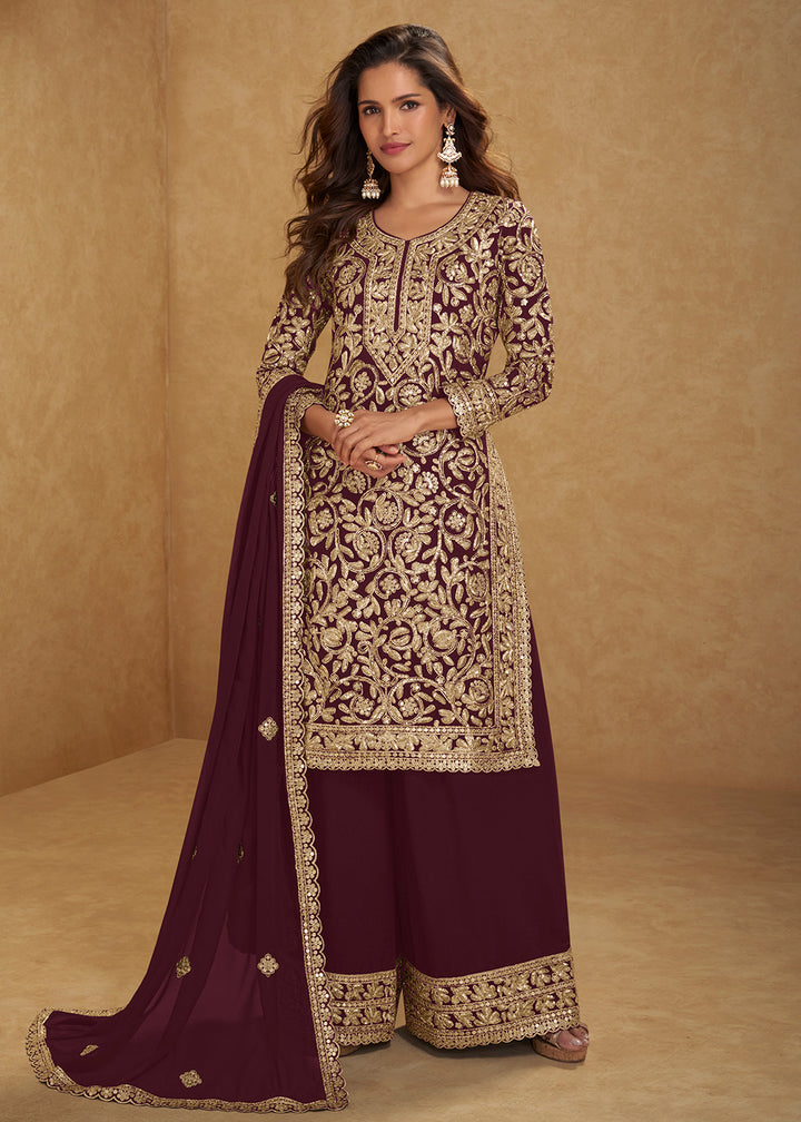Buy Now Amazing Maroon Embroidered Georgette Palazzo Style Suit Online in US, UK, Canada, Netherlands, Germany, Italy, France, Sweden, UAE & Worldwide at Empress.