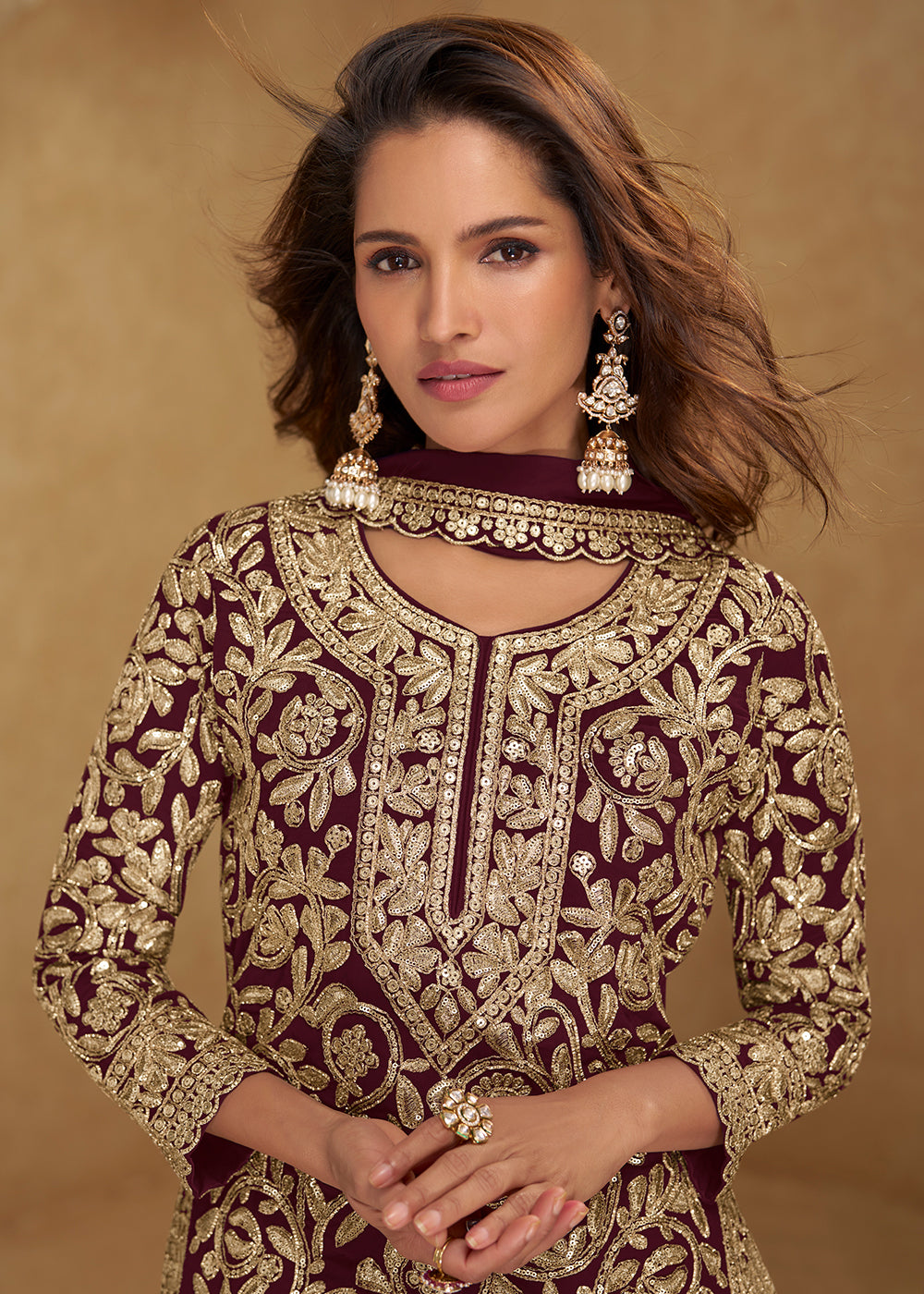 Buy Now Amazing Maroon Embroidered Georgette Palazzo Style Suit Online in US, UK, Canada, Netherlands, Germany, Italy, France, Sweden, UAE & Worldwide at Empress.