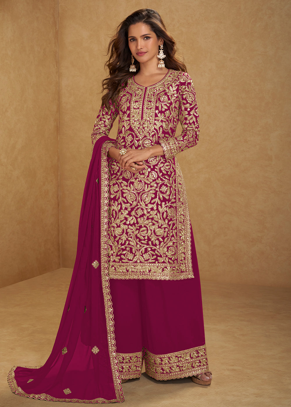 Buy Now Amazing Pink Embroidered Georgette Palazzo Style Suit Online in US, UK, Canada, Netherlands, Germany, Italy, France, Sweden & Worldwide at Empress.