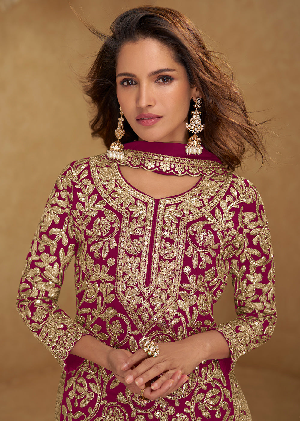 Buy Now Amazing Pink Embroidered Georgette Palazzo Style Suit Online in US, UK, Canada, Netherlands, Germany, Italy, France, Sweden & Worldwide at Empress.