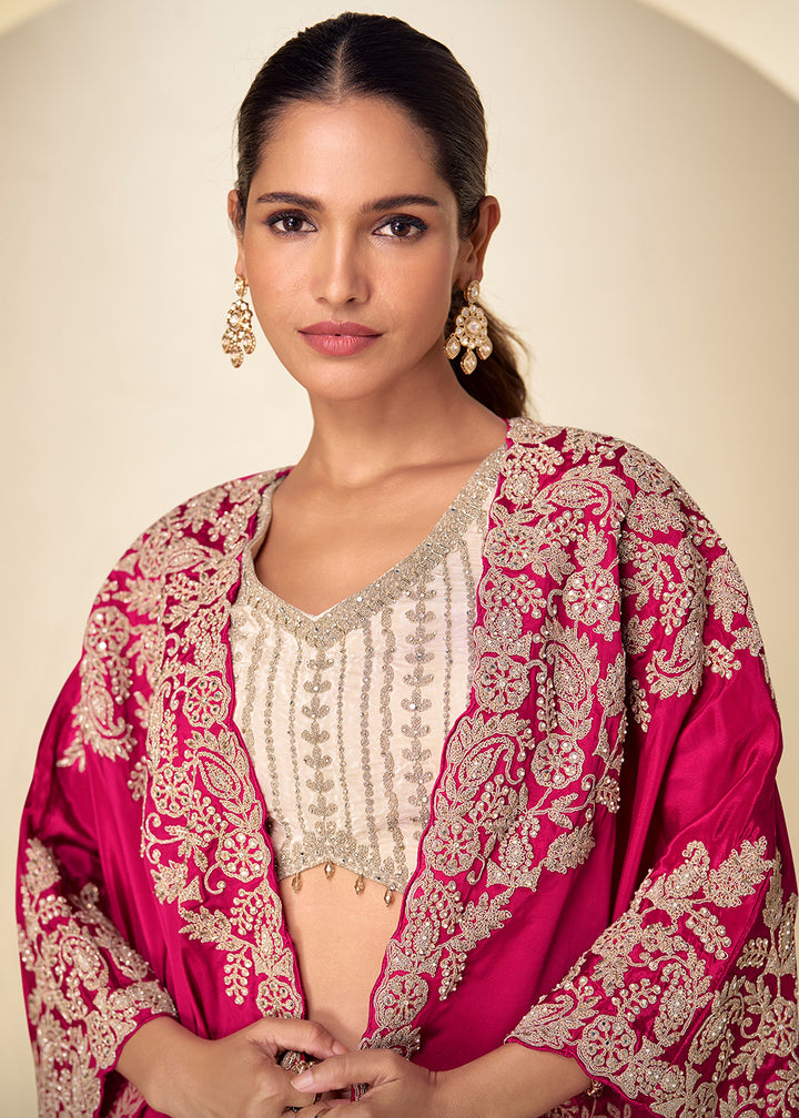 Buy Now Ivory Cream Dhoti Style Indo Western Dress with Pink Shrug Online in US, UK, Canada, Netherlands, Germany, Italy, France, Greece &amp; Worldwide at Empress.
