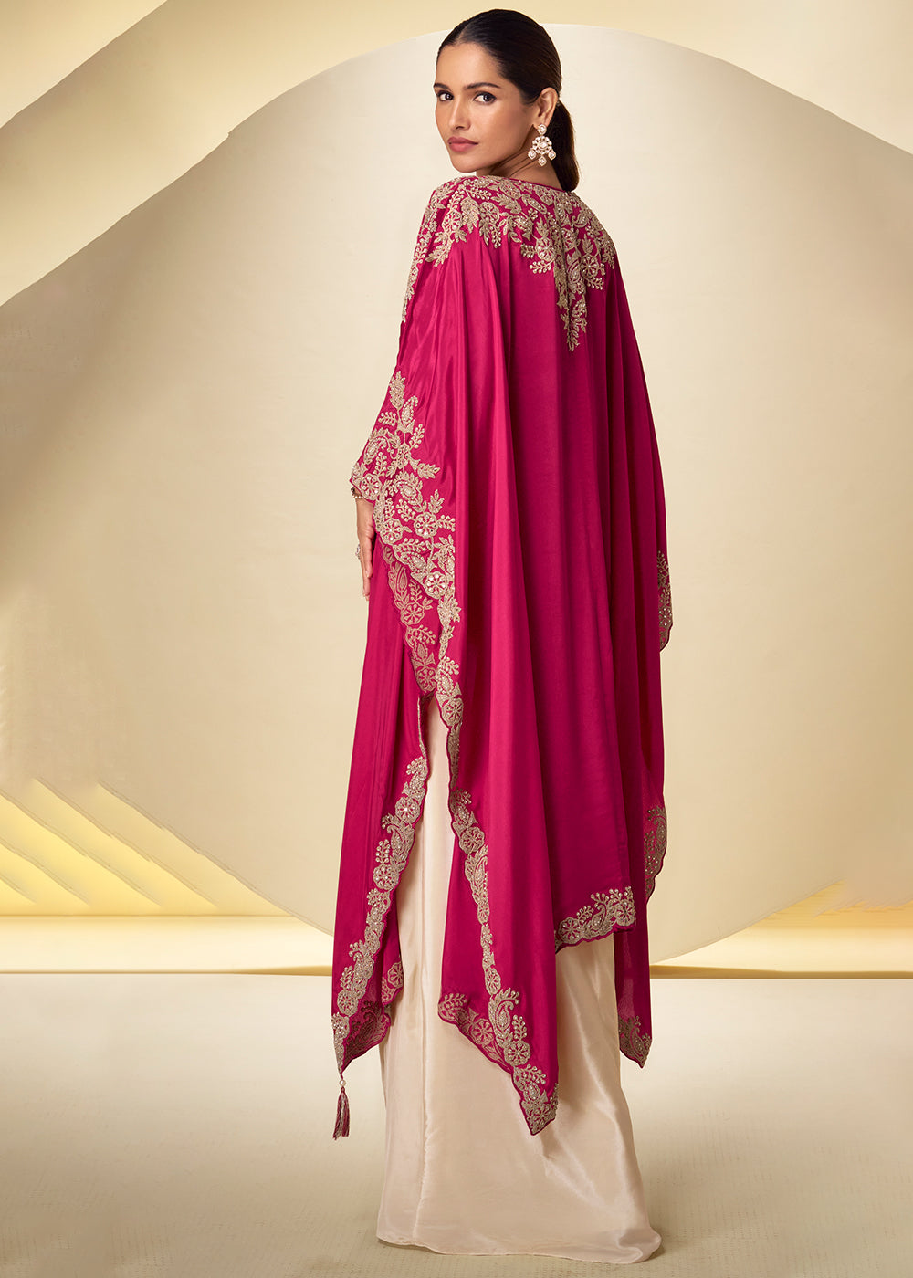 Buy Now Ivory Cream Dhoti Style Indo Western Dress with Pink Shrug Online in US, UK, Canada, Netherlands, Germany, Italy, France, Greece &amp; Worldwide at Empress.