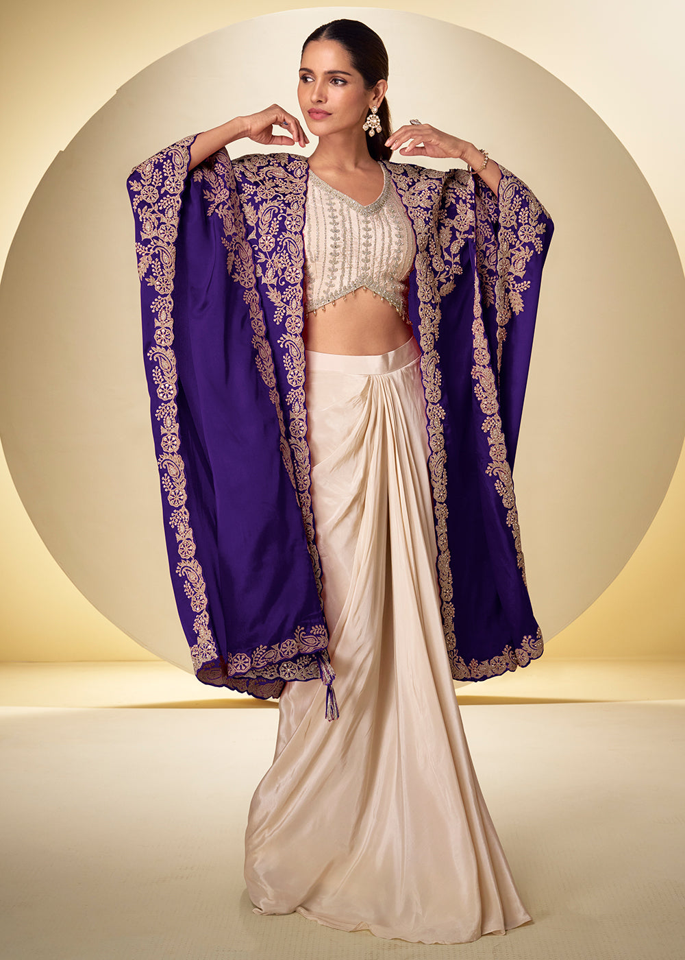 Buy Now Ivory Cream Dhoti Style Indo Western Dress with Blue Shrug Online in US, UK, Canada, Netherlands, Germany, Italy, France, Greece & Worldwide at Empress.