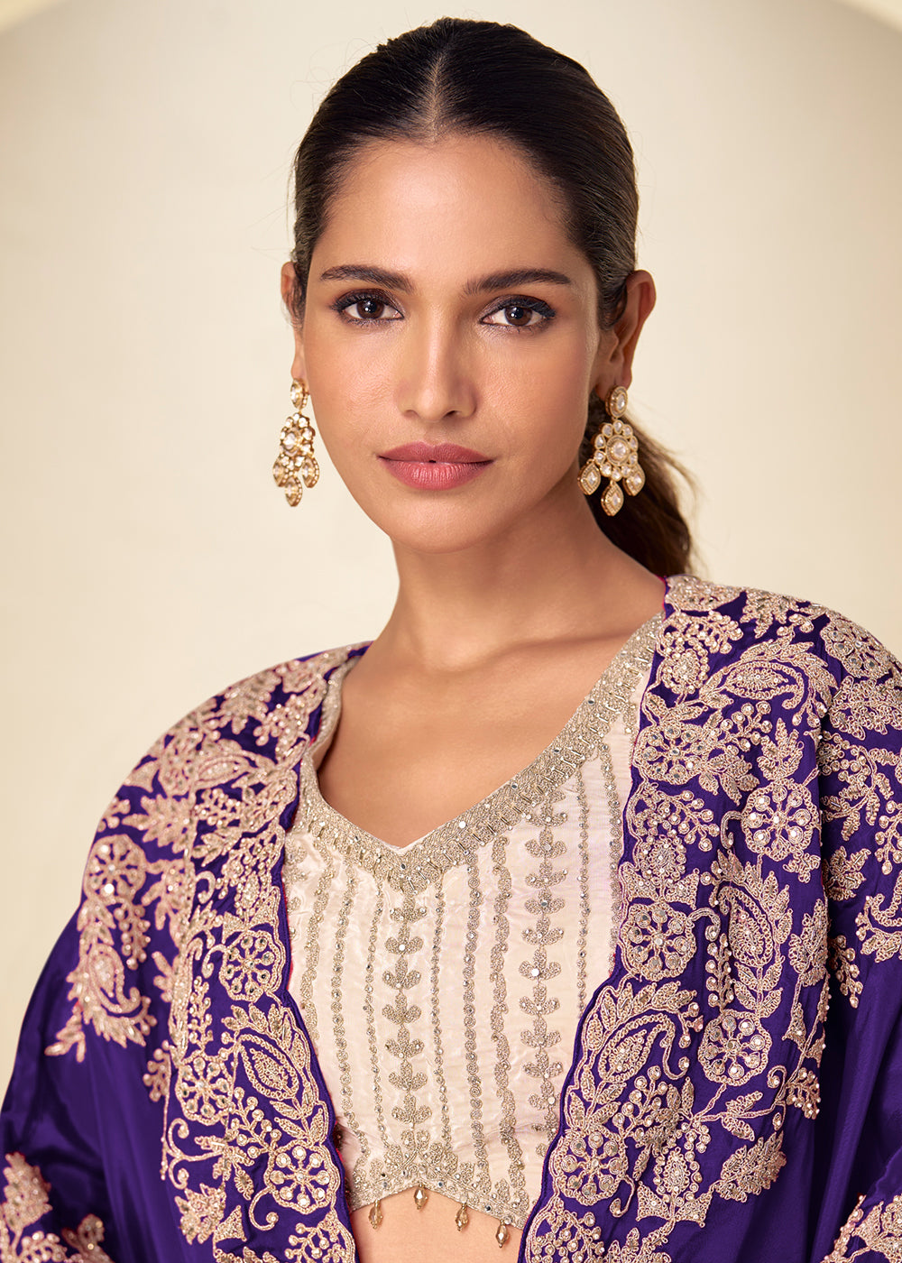 Buy Now Ivory Cream Dhoti Style Indo Western Dress with Blue Shrug Online in US, UK, Canada, Netherlands, Germany, Italy, France, Greece &amp; Worldwide at Empress.