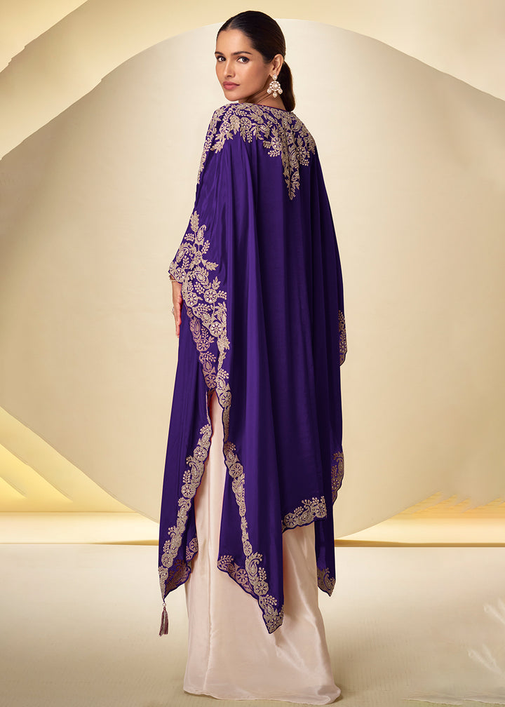 Buy Now Ivory Cream Dhoti Style Indo Western Dress with Blue Shrug Online in US, UK, Canada, Netherlands, Germany, Italy, France, Greece &amp; Worldwide at Empress.