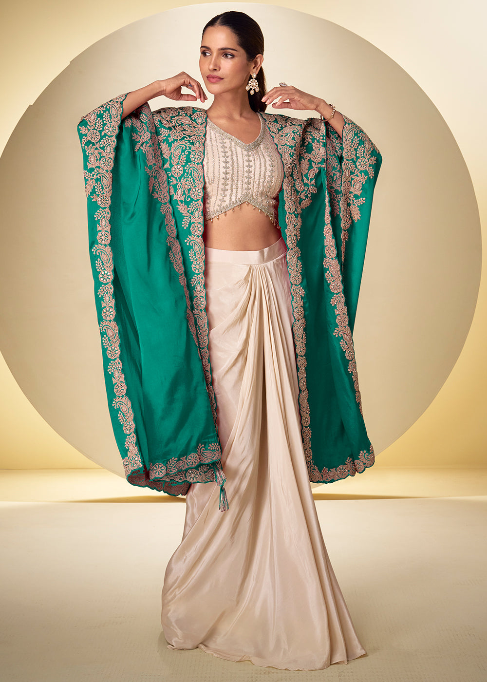 Buy Now Ivory Cream Dhoti Style Indo Western Dress with Teal Shrug Online in US, UK, Canada, Netherlands, Germany, Italy, France, Greece & Worldwide at Empress.