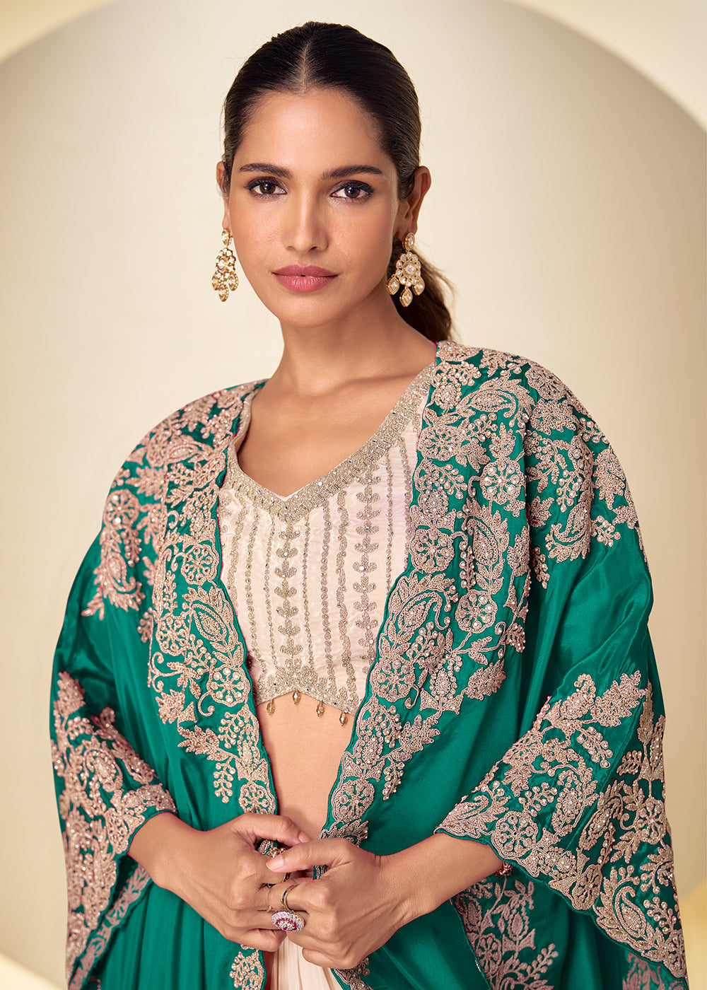 Ivory Cream Dhoti Style Indo Western Dress with Teal Green Shrug