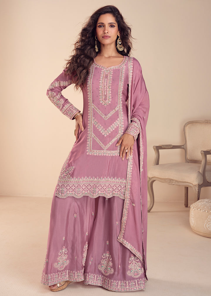 Buy Now Onion Pink Festive Designer Style Palazzo Suit Online in US, UK, Canada, Netherlands, Germany, Italy, France, Sweden, UAE, Qatar & Worldwide at Empress.