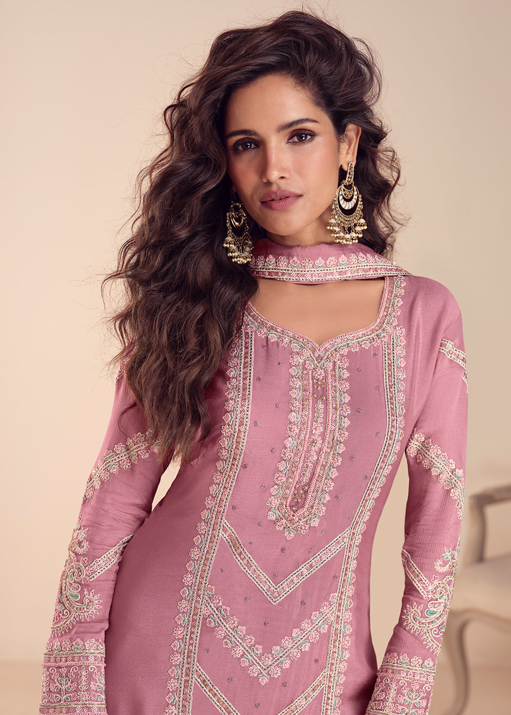 Buy Now Onion Pink Festive Designer Style Palazzo Suit Online in US, UK, Canada, Netherlands, Germany, Italy, France, Sweden, UAE, Qatar & Worldwide at Empress.