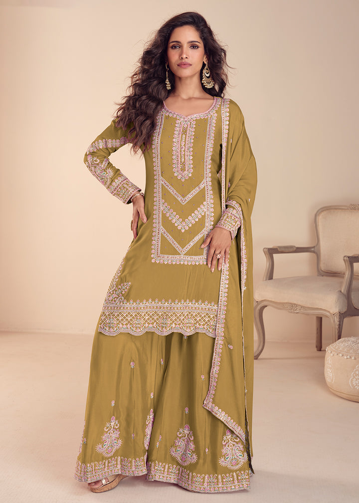 Buy Now Mustard Festive Designer Style Palazzo Suit Online in US, UK, Canada, Netherlands, Germany, Italy, France, Sweden, UAE, Qatar & Worldwide at Empress.