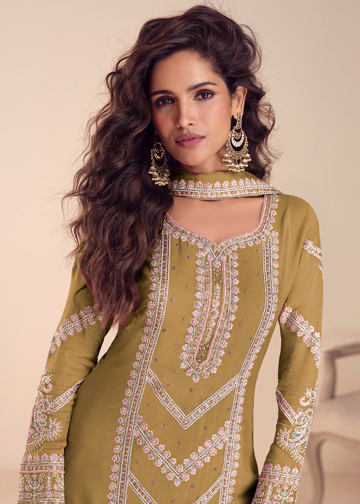 Buy Now Mustard Festive Designer Style Palazzo Suit Online in US, UK, Canada, Netherlands, Germany, Italy, France, Sweden, UAE, Qatar & Worldwide at Empress.
