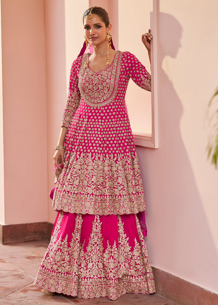 Buy Now Real Georgette Magenta Pink Wedding Festive Lehenga Suit Online in US, UK, Canada, Netherlands, Germany, Italy, France, Sweden & Worldwide at Empress.