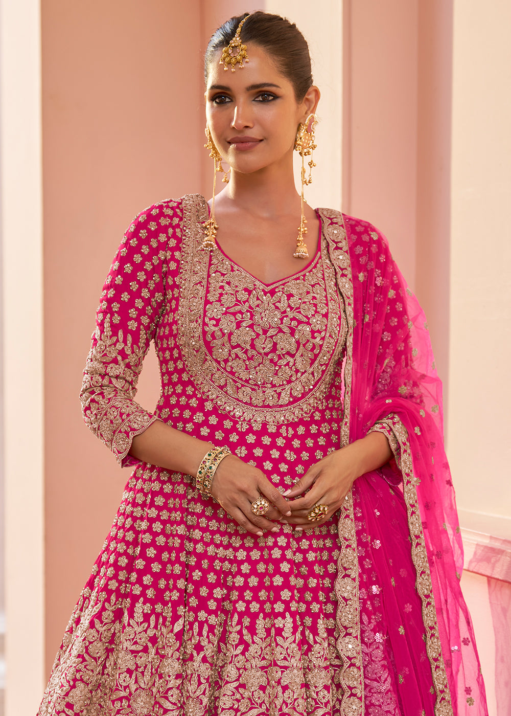 Buy Now Real Georgette Magenta Pink Wedding Festive Lehenga Suit Online in US, UK, Canada, Netherlands, Germany, Italy, France, Sweden & Worldwide at Empress.