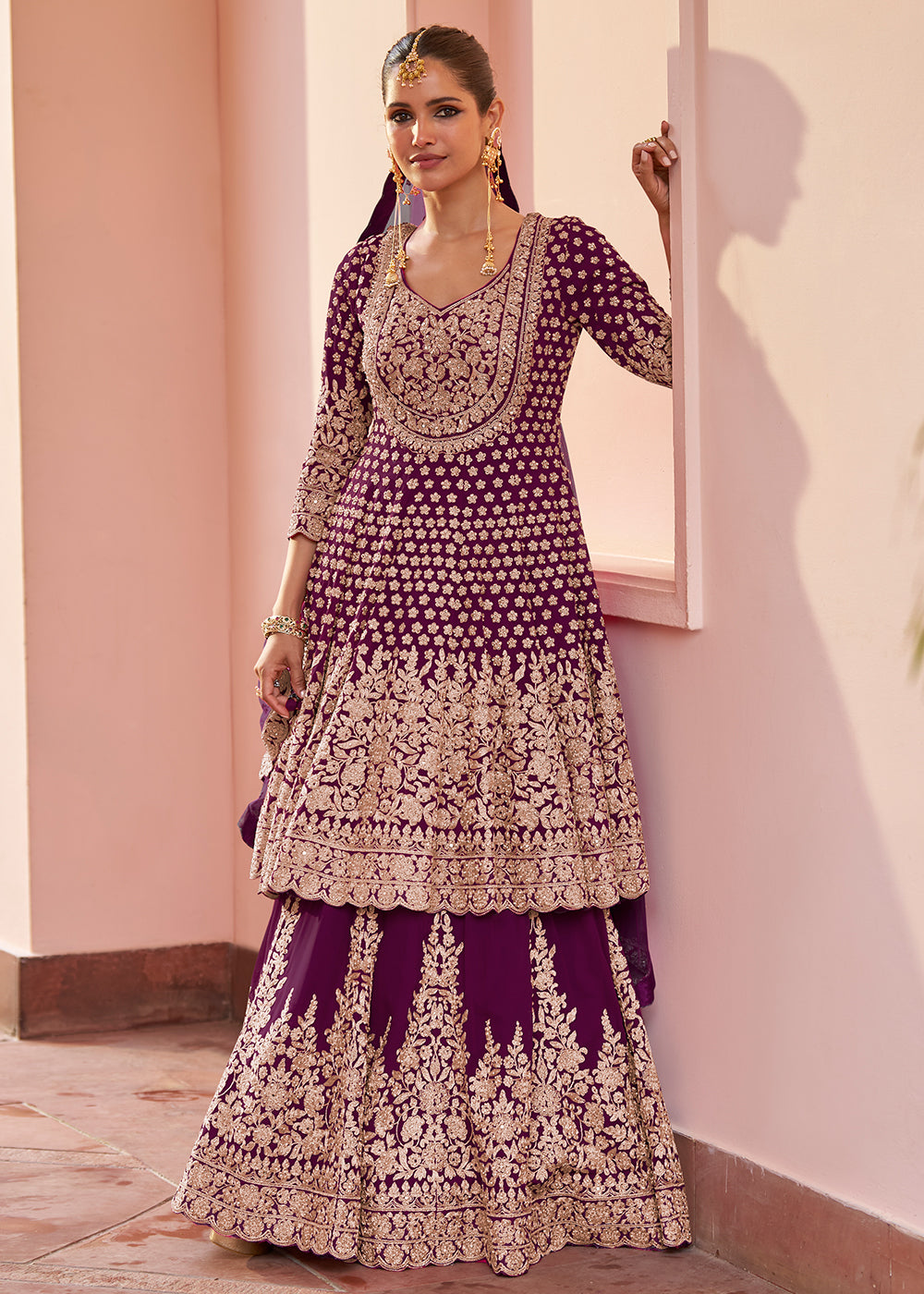 Buy Now Real Georgette Plum Wine Wedding Festive Lehenga Suit Online in US, UK, Canada, Netherlands, Germany, Italy, France, Sweden, UAE & Worldwide at Empress.