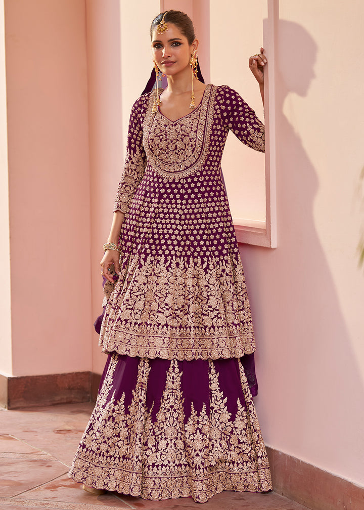Buy Now Real Georgette Plum Wine Wedding Festive Lehenga Suit Online in US, UK, Canada, Netherlands, Germany, Italy, France, Sweden, UAE & Worldwide at Empress.