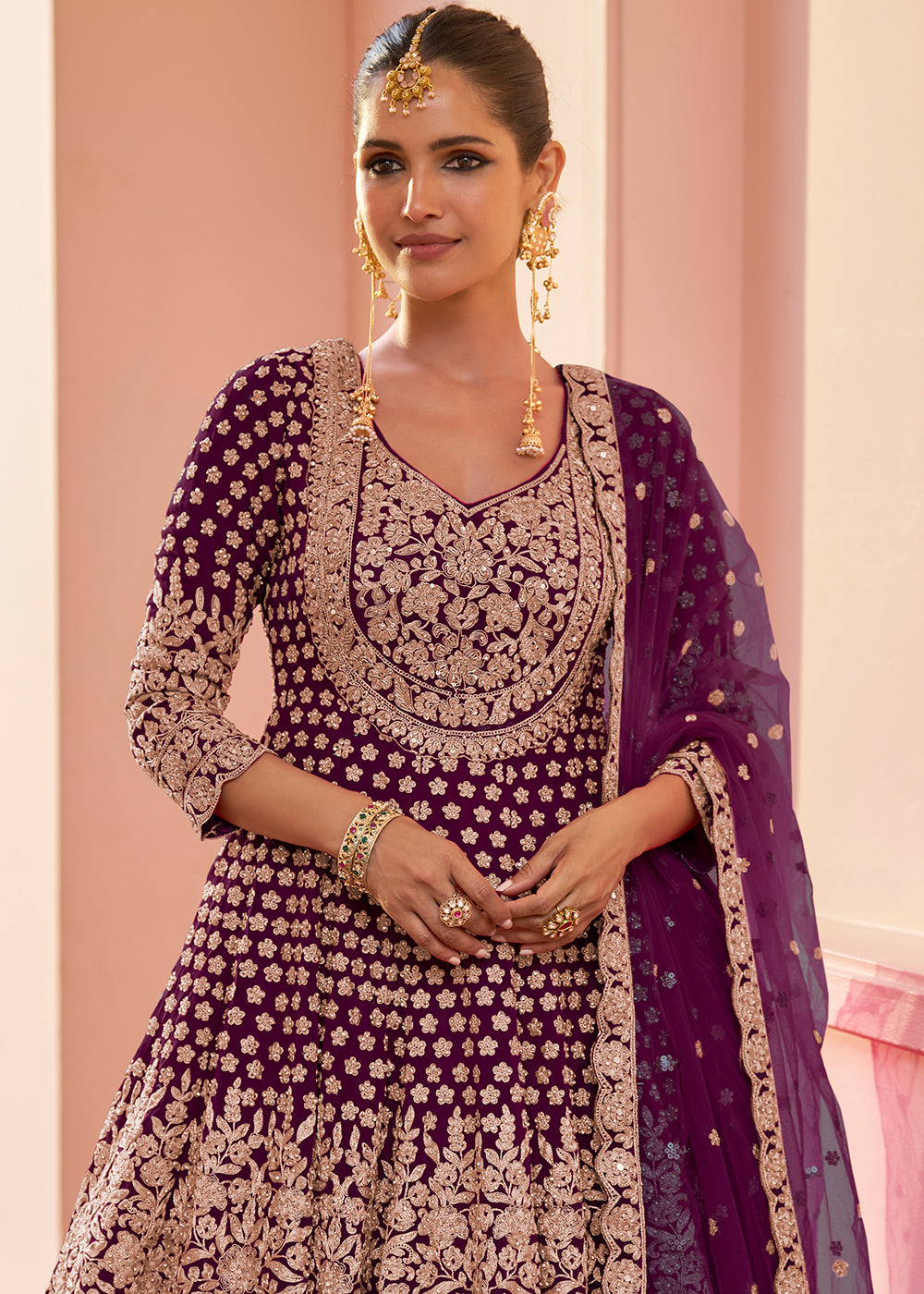 Buy Now Real Georgette Plum Wine Wedding Festive Lehenga Suit Online in US, UK, Canada, Netherlands, Germany, Italy, France, Sweden, UAE & Worldwide at Empress.