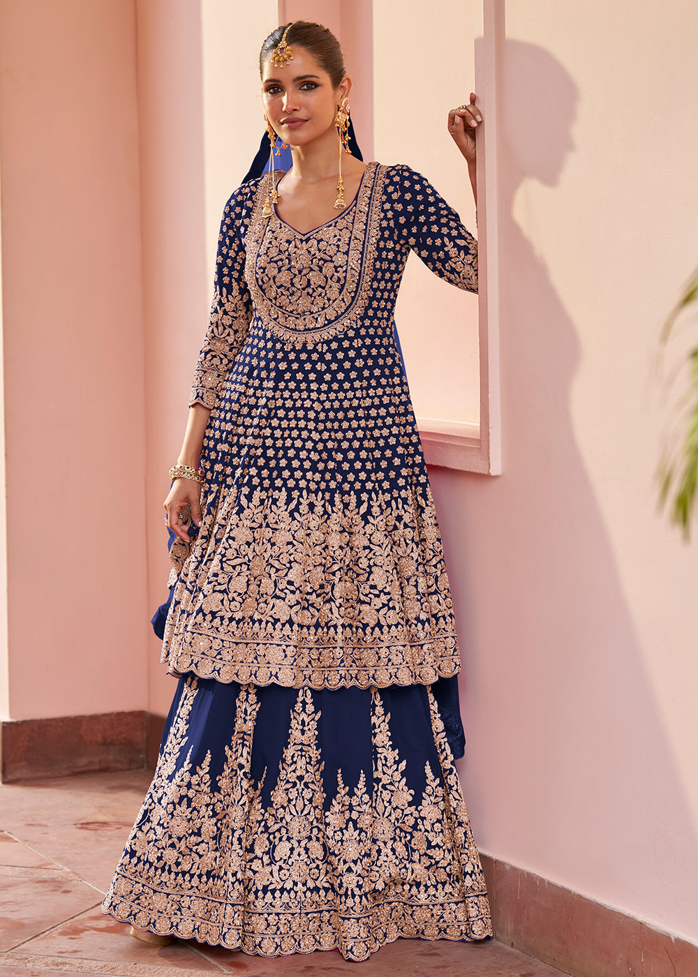 Buy Now Real Georgette Navy Blue Wedding Festive Lehenga Suit Online in US, UK, Canada, Netherlands, Germany, Italy, France, Sweden, UAE & Worldwide at Empress.
