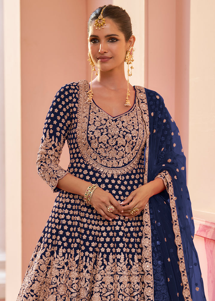 Buy Now Real Georgette Navy Blue Wedding Festive Lehenga Suit Online in US, UK, Canada, Netherlands, Germany, Italy, France, Sweden, UAE & Worldwide at Empress.