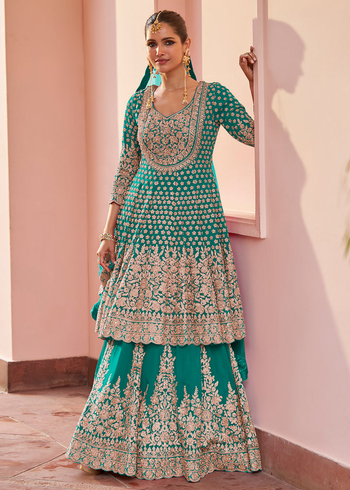 Buy Now Real Georgette Sea Green Wedding Festive Lehenga Suit Online in US, UK, Canada, Netherlands, Germany, Italy, France, Sweden, UAE & Worldwide at Empress.