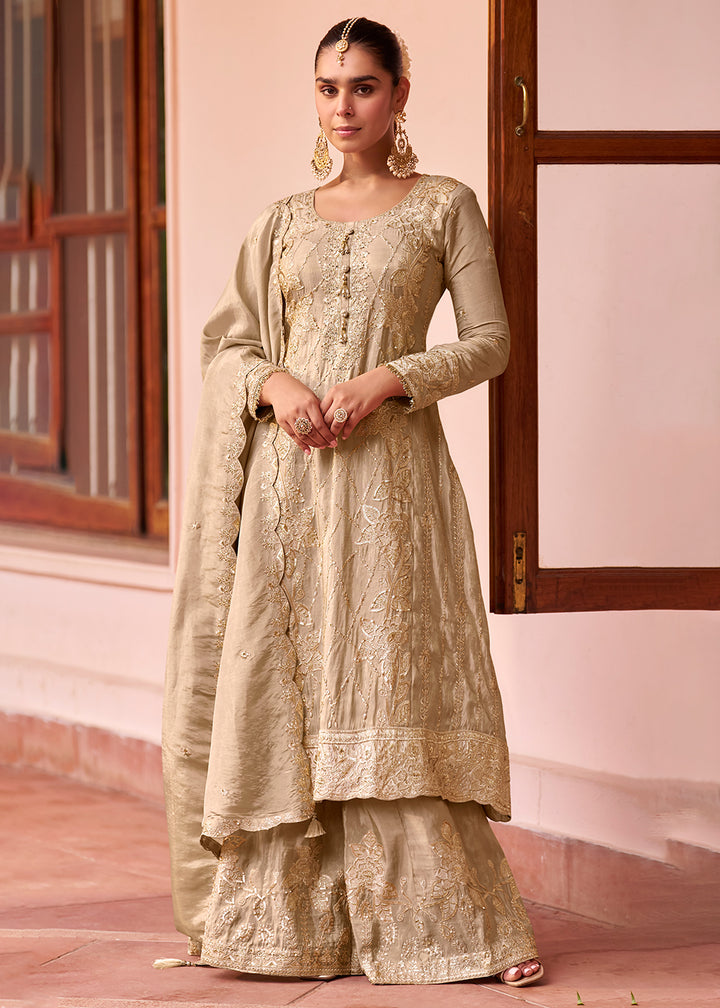 Buy Now Beige Embroidered Shimmer Silk Designer Palazzo Suit Online in US, UK, Canada, Germany, Italy, France, Greece, Austria, UAE &amp; Worldwide at Empress.