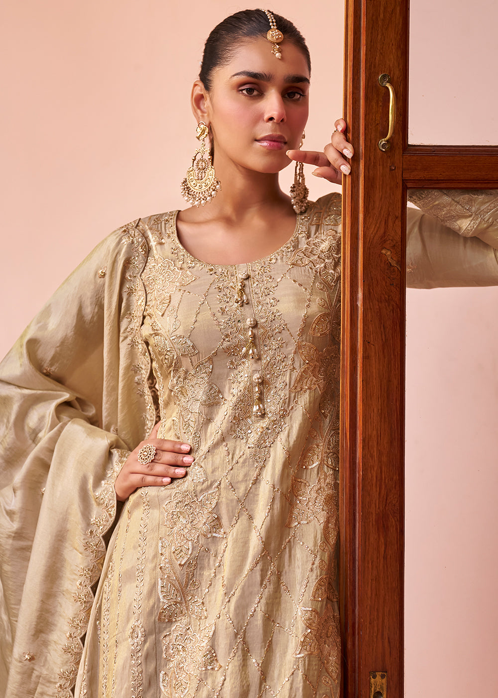 Buy Now Beige Embroidered Shimmer Silk Designer Palazzo Suit Online in US, UK, Canada, Germany, Italy, France, Greece, Austria, UAE &amp; Worldwide at Empress.