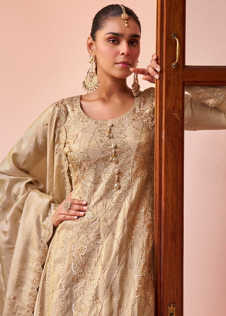 Buy Now Beige Embroidered Shimmer Silk Designer Palazzo Suit Online in US, UK, Canada, Germany, Italy, France, Greece, Austria, UAE &amp; Worldwide at Empress.
