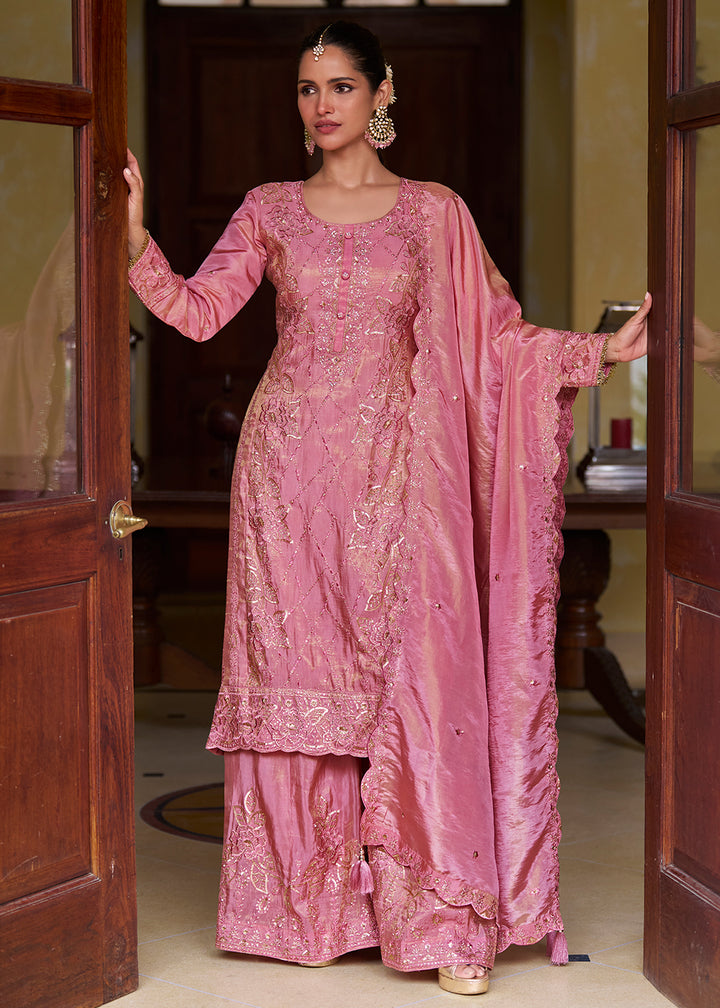Buy Now Blush Pink Embroidered Shimmer Silk Designer Palazzo Suit Online in US, UK, Canada, Germany, Italy, France, Greece, Austria, UAE &amp; Worldwide at Empress.