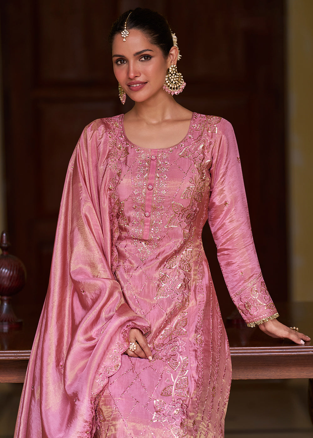 Buy Now Blush Pink Embroidered Shimmer Silk Designer Palazzo Suit Online in US, UK, Canada, Germany, Italy, France, Greece, Austria, UAE & Worldwide at Empress.