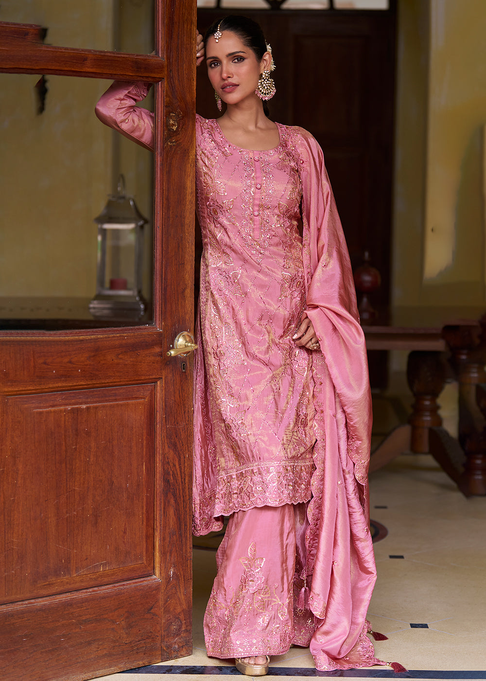 Buy Now Blush Pink Embroidered Shimmer Silk Designer Palazzo Suit Online in US, UK, Canada, Germany, Italy, France, Greece, Austria, UAE &amp; Worldwide at Empress.