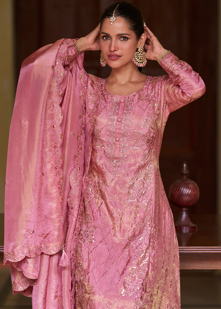 Buy Now Blush Pink Embroidered Shimmer Silk Designer Palazzo Suit Online in US, UK, Canada, Germany, Italy, France, Greece, Austria, UAE &amp; Worldwide at Empress.