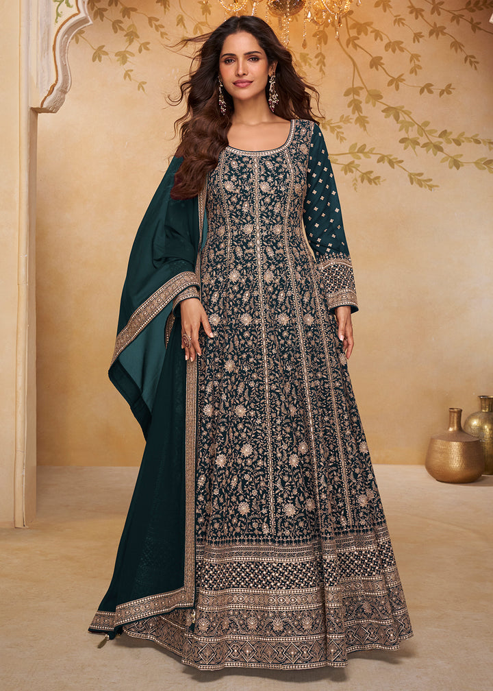 Teal Real Georgette Embroidered Designer Anarkali Suit