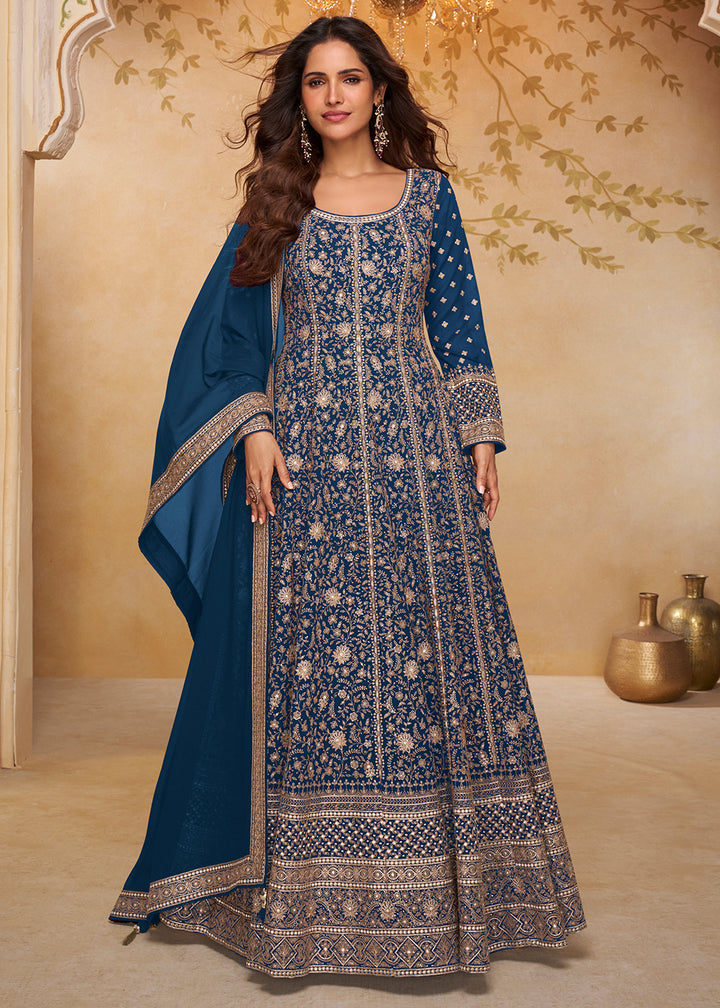 Buy Blue Real Georgette Embroidered Designer Anarkali Suit Online in US, UK, Sweden, Denmark, Greece, Germany, Canada, Austria, Canada &amp; Worldwide at Empress.
