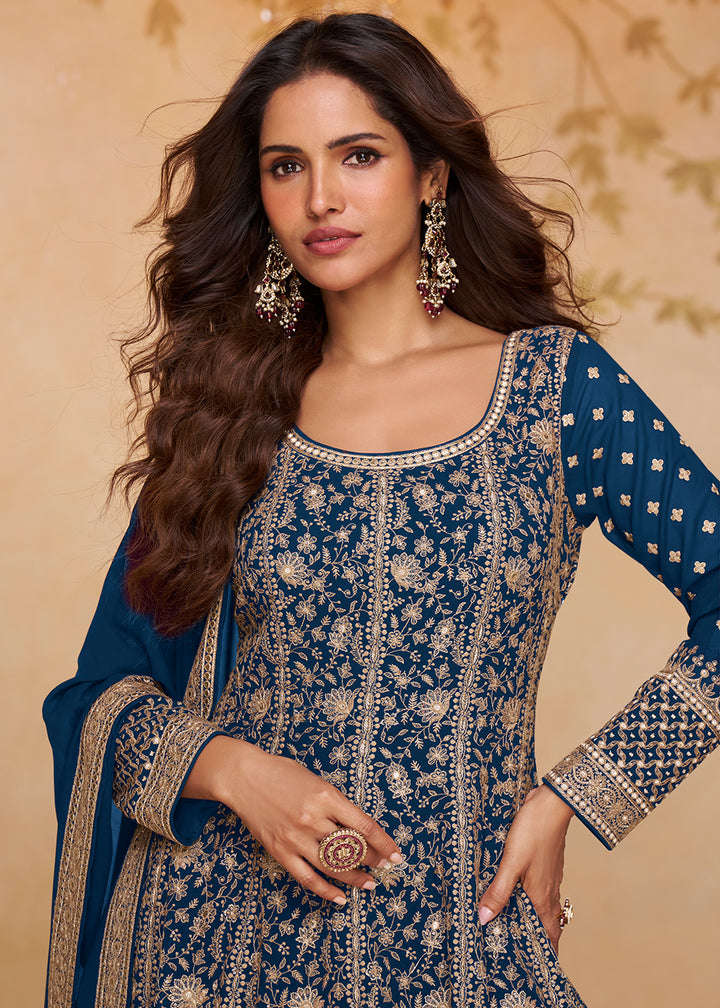 Blue Real Georgette Embroidered Designer Anarkali Suit