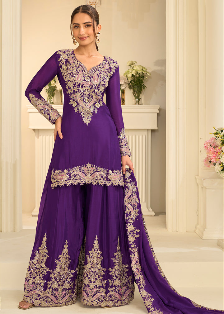 Shop Now Purple Real Chinnon Festive Gharara Style Suit Online at Empress in US, UK, Canada, Italy, Germany, France, Greece, Sweden, UAE, Austria &amp; Worldwide.